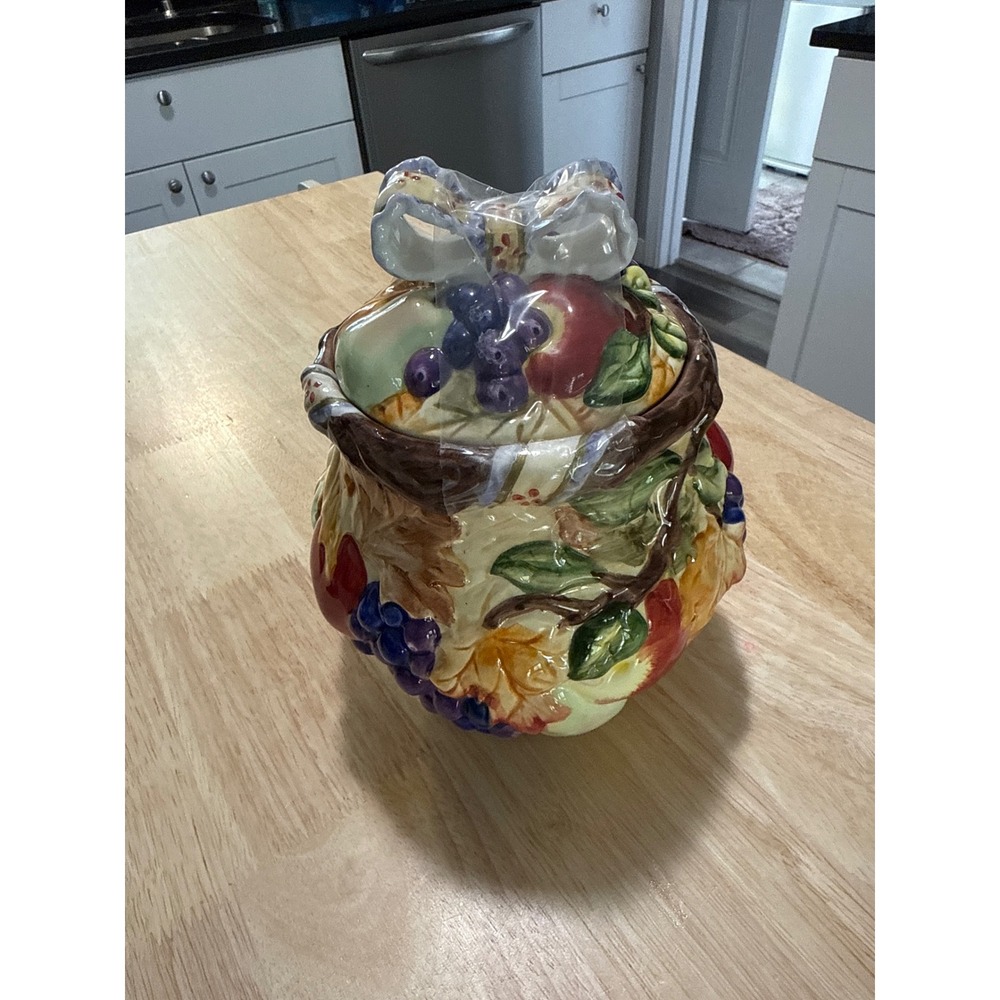 Vintage Ceramic Fruit Basket Cookie Jar 3D Relief Grapes Apples Bow Lid